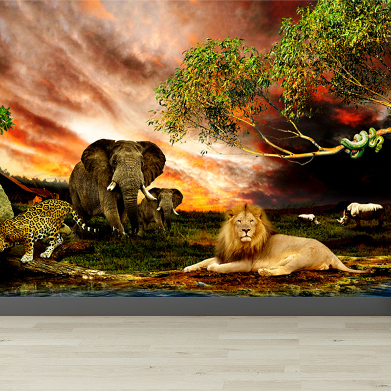 Tropics Riverside Savanna Animals Mural Brown Sunset Glow Wall Art for Living Room