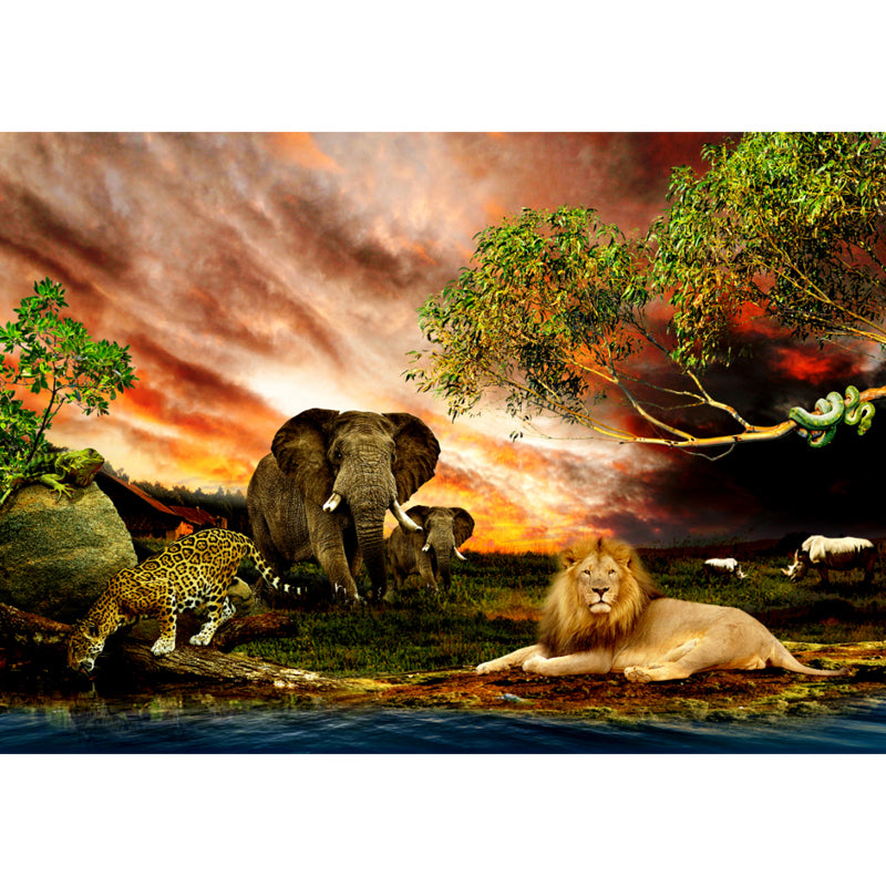 Tropics Riverside Savanna Animals Mural Brown Sunset Glow Wall Art for Living Room