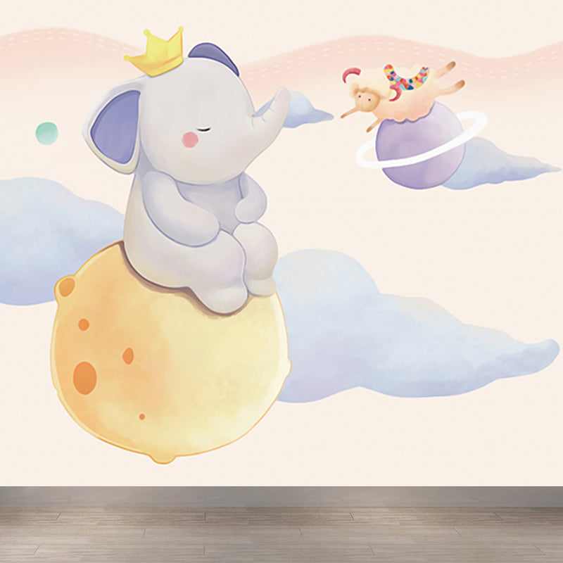 Yellow Cartoon Wallpaper Mural Full Size Floating Animals Wall Decor for Bedroom