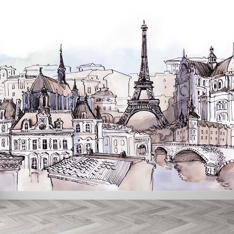 Grey Sketch Cityscape Mural Wallpaper Landmark Global Inspired Washable Wall Covering