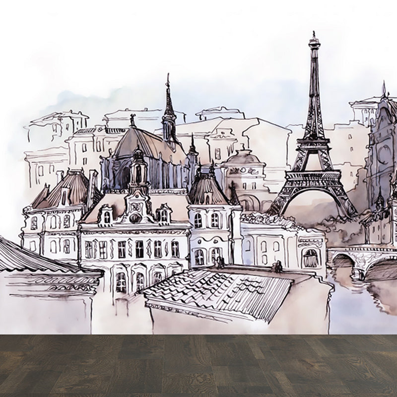 Grey Sketch Cityscape Mural Wallpaper Landmark Global Inspired Washable Wall Covering