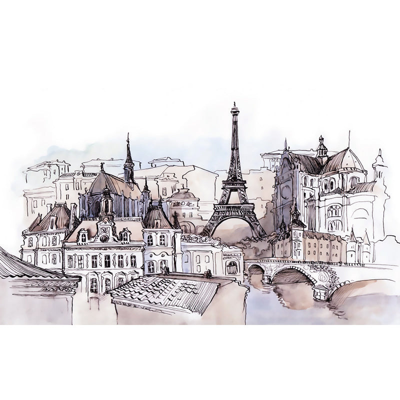 Grey Sketch Cityscape Mural Wallpaper Landmark Global Inspired Washable Wall Covering