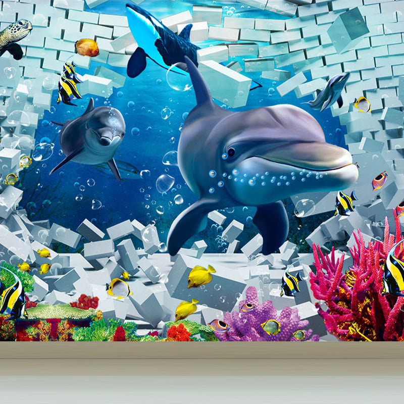 Kids Undersea World Mural Wallpaper Blue Aquarium Wall Covering for Child Bedroom