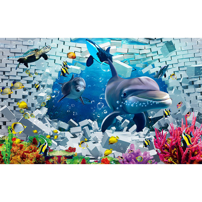 Kids Undersea World Mural Wallpaper Blue Aquarium Wall Covering for Child Bedroom