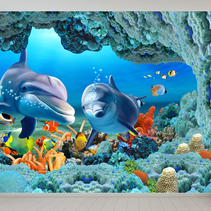 Kids Undersea World Mural Wallpaper Blue Aquarium Wall Covering for Child Bedroom