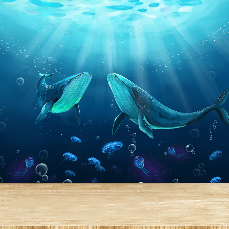 Blue Underwater Dolphins Wallpaper Mural Stain Resistant Wall Art for Kids Bedroom