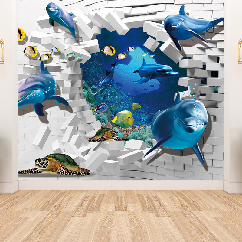 Blue Underwater Dolphins Wallpaper Mural Stain Resistant Wall Art for Kids Bedroom