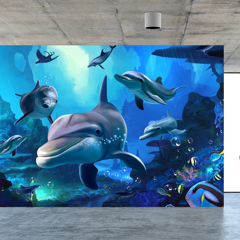 Blue Underwater Dolphins Wallpaper Mural Stain Resistant Wall Art for Kids Bedroom