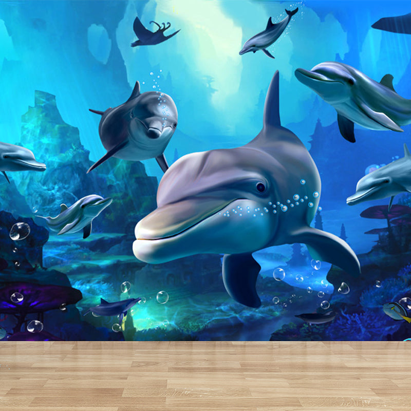 Blue Underwater Dolphins Wallpaper Mural Stain Resistant Wall Art for Kids Bedroom