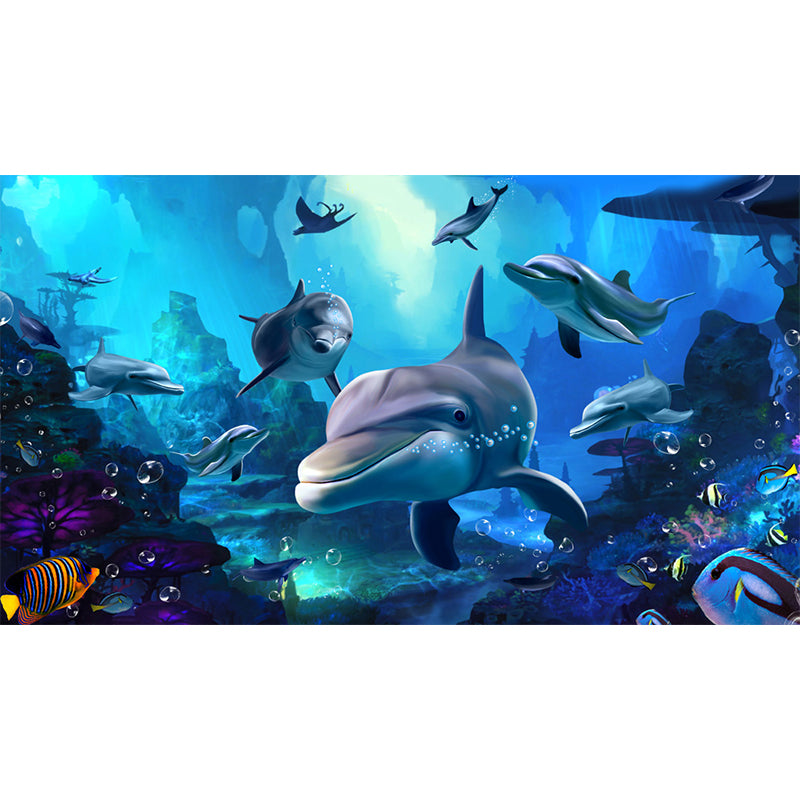 Blue Underwater Dolphins Wallpaper Mural Stain Resistant Wall Art for Kids Bedroom