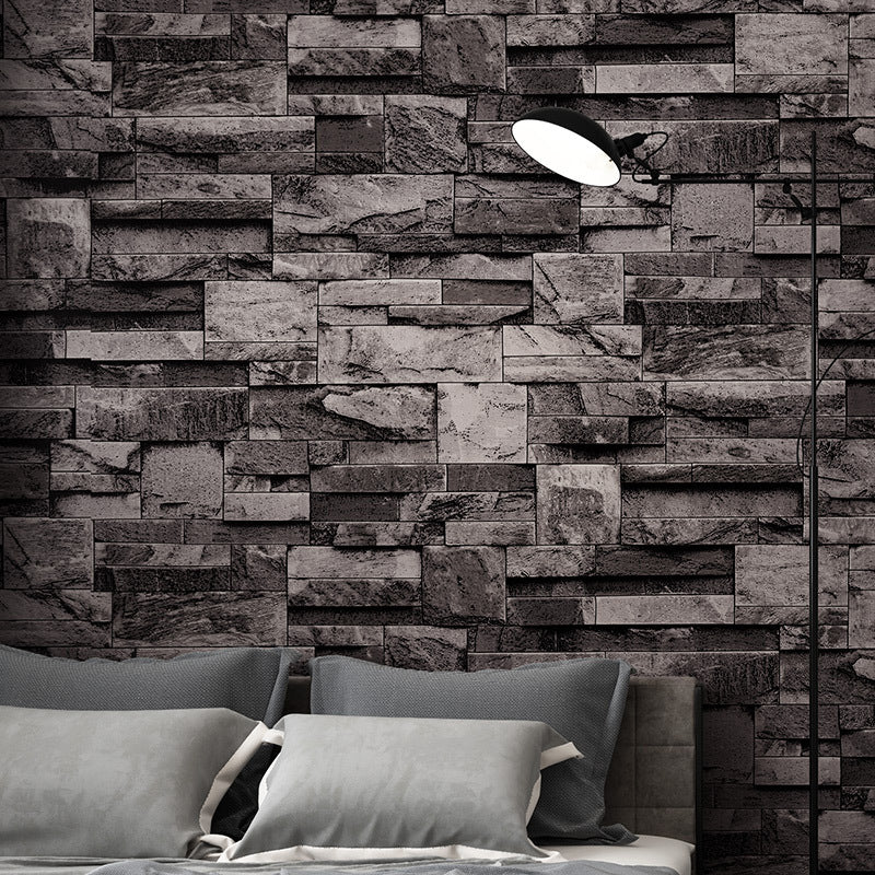 3D Marble Brick Wallpaper Roll Industrial PVC Wall Covering in Dark Color for Home
