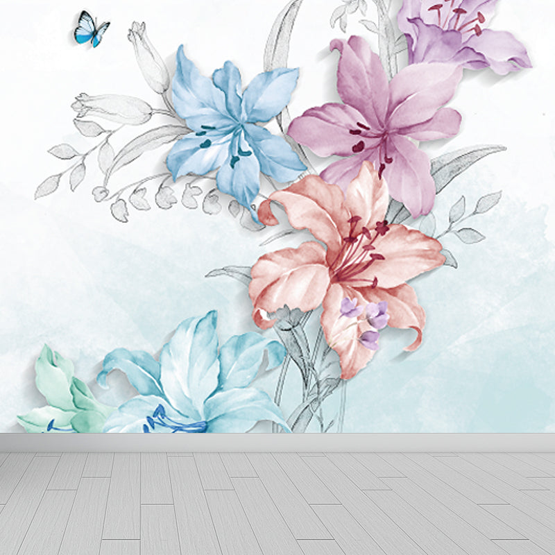 Stylish Blooming Lilies Wallpaper Mural Blue and Pink Flower Wall Decor for Bedroom