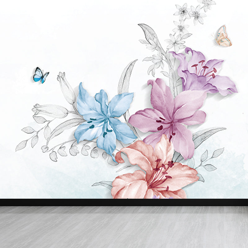 Stylish Blooming Lilies Wallpaper Mural Blue and Pink Flower Wall Decor for Bedroom