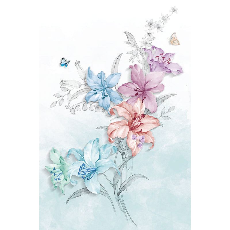 Stylish Blooming Lilies Wallpaper Mural Blue and Pink Flower Wall Decor for Bedroom
