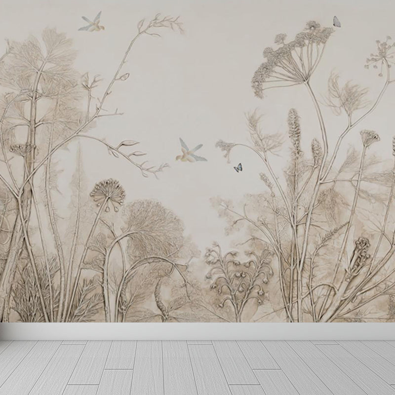 Pencil Sketch Botanical Mural Wallpaper Modern Smooth Wall Covering in Grey for Room