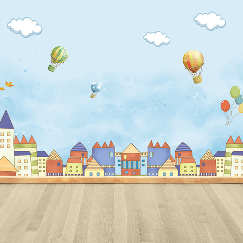 Non-Woven Big Blue Mural Cartoon Hot Air Balloons Wall Decor, Custom Size Available