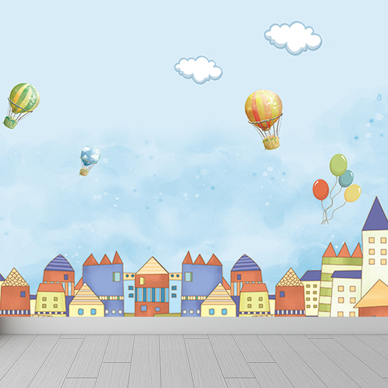 Non-Woven Big Blue Mural Cartoon Hot Air Balloons Wall Decor, Custom Size Available