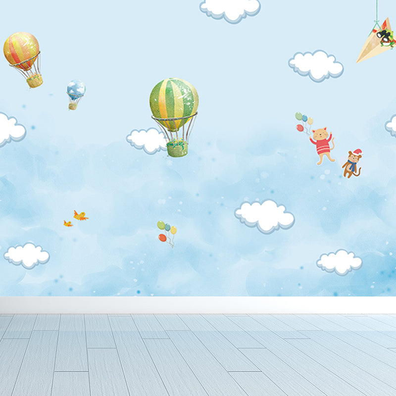 Non-Woven Big Blue Mural Cartoon Hot Air Balloons Wall Decor, Custom Size Available