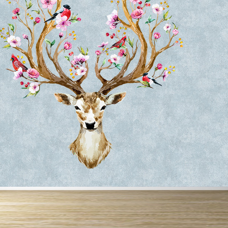 Illustration Style Reindeer Wall Mural Giant Wall Covering for Dining Room, Custom