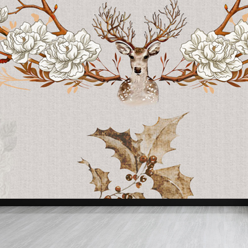 Illustration Style Reindeer Wall Mural Giant Wall Covering for Dining Room, Custom