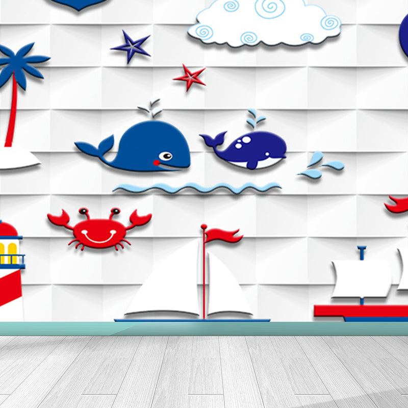 Nautical Lighthouse Mural Wallpaper Cartoon Non-Woven Cloth Wall Decor for Living Room