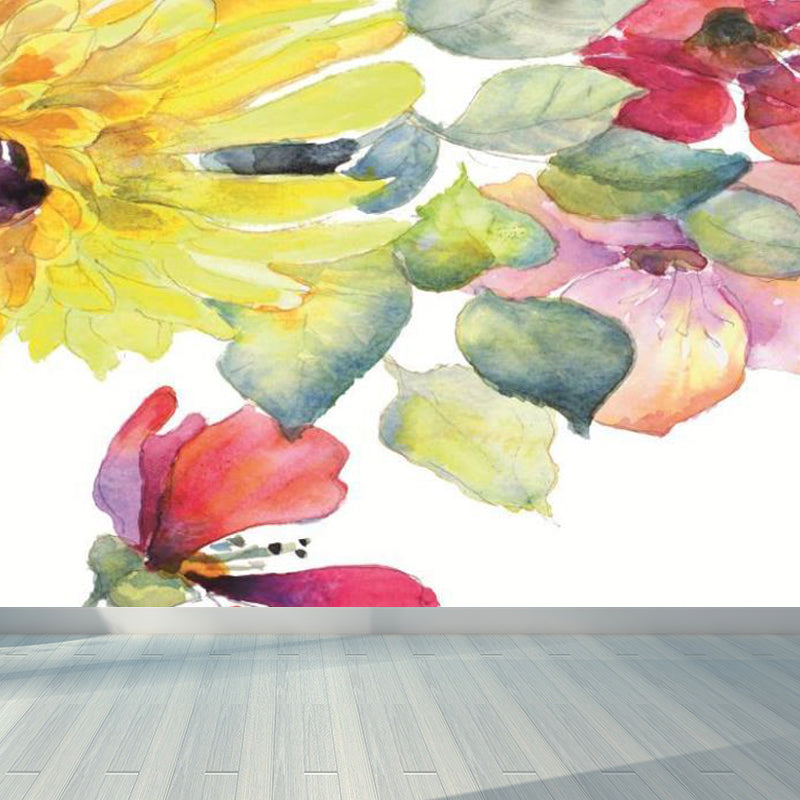 Illustration Scattered Flowers Mural Decal for Living Room, Green, Customized Size