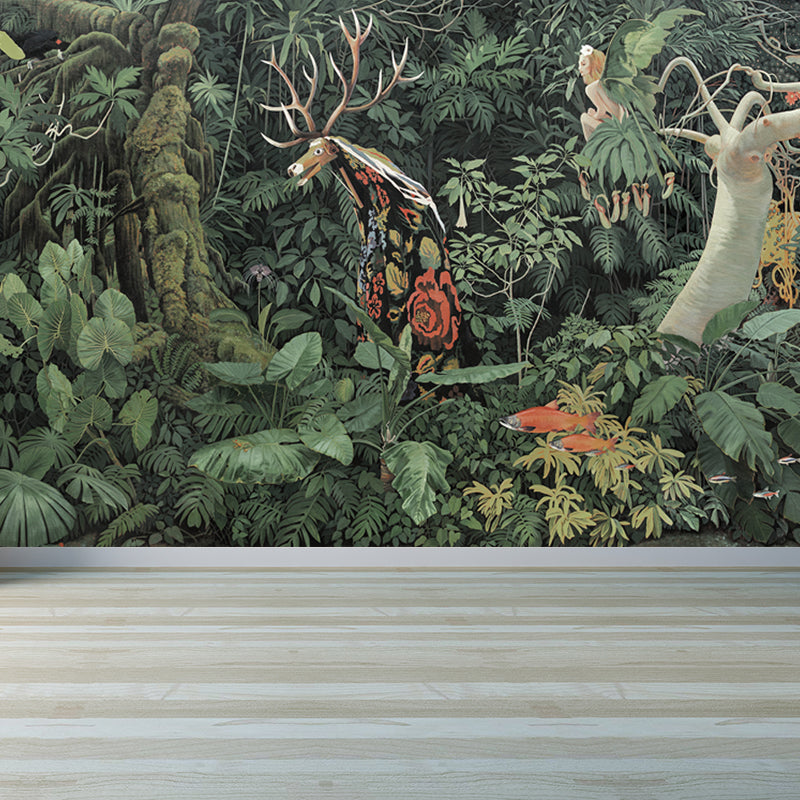 Tropical Jungle Savage Wall Mural Green Water Resistant Wall Covering for Living Room