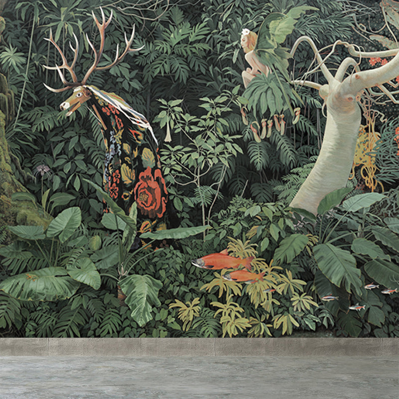 Tropical Jungle Savage Wall Mural Green Water Resistant Wall Covering for Living Room