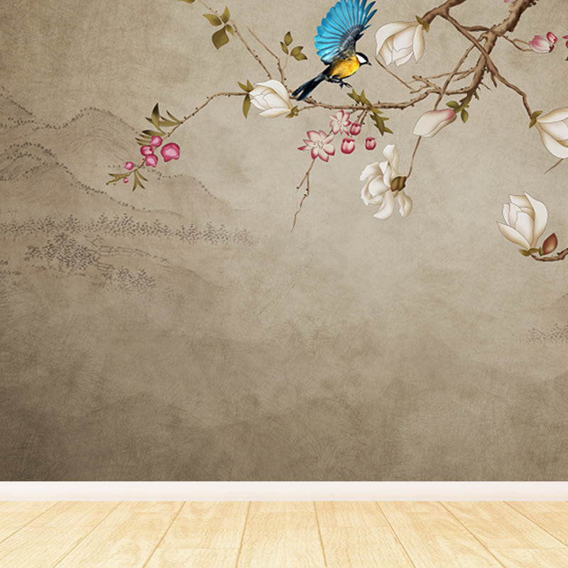 Personalized Illustration Chinese Mural Wallpaper with Magpie and Flower Pattern, Brown