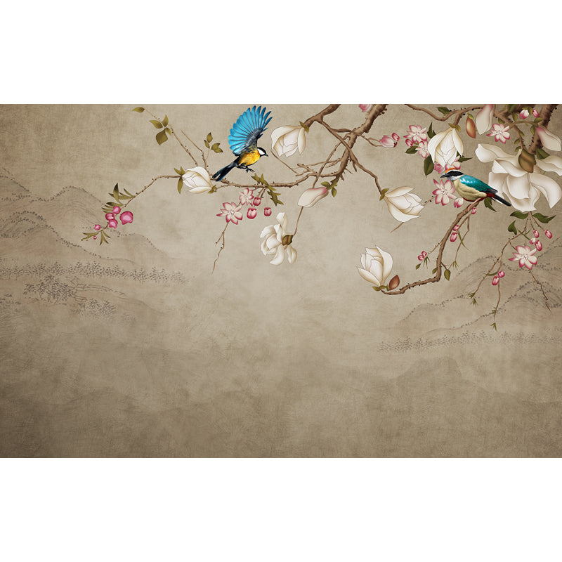 Personalized Illustration Chinese Mural Wallpaper with Magpie and Flower Pattern, Brown