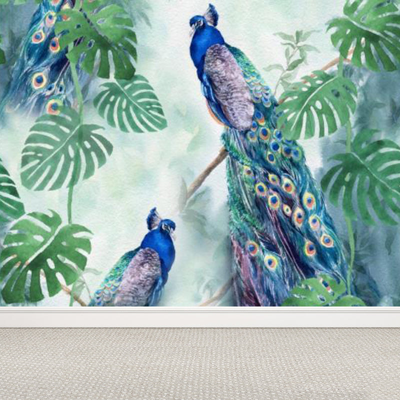 Large Peacock Wall Paper Mural Stain Resistant Modern Bedroom Wall Decor in Green