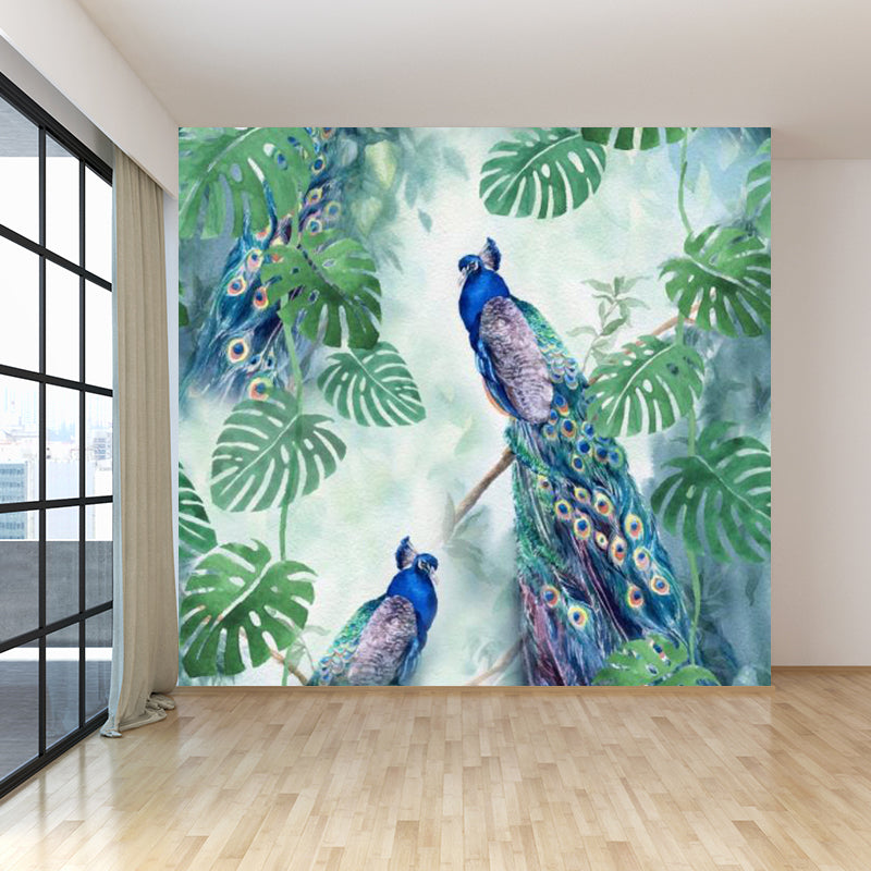 Large Peacock Wall Paper Mural Stain Resistant Modern Bedroom Wall Decor in Green