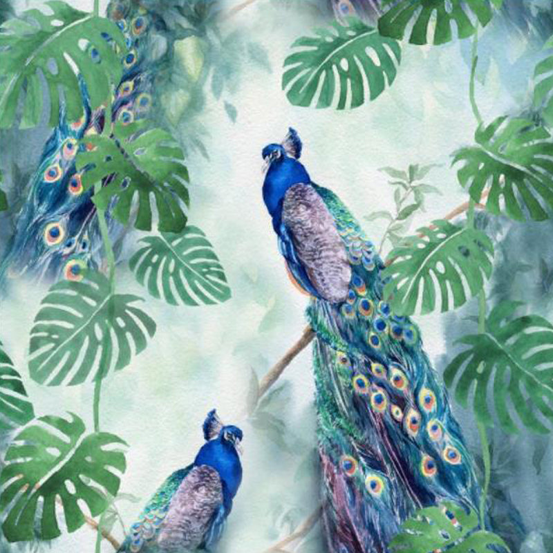 Large Peacock Wall Paper Mural Stain Resistant Modern Bedroom Wall Decor in Green