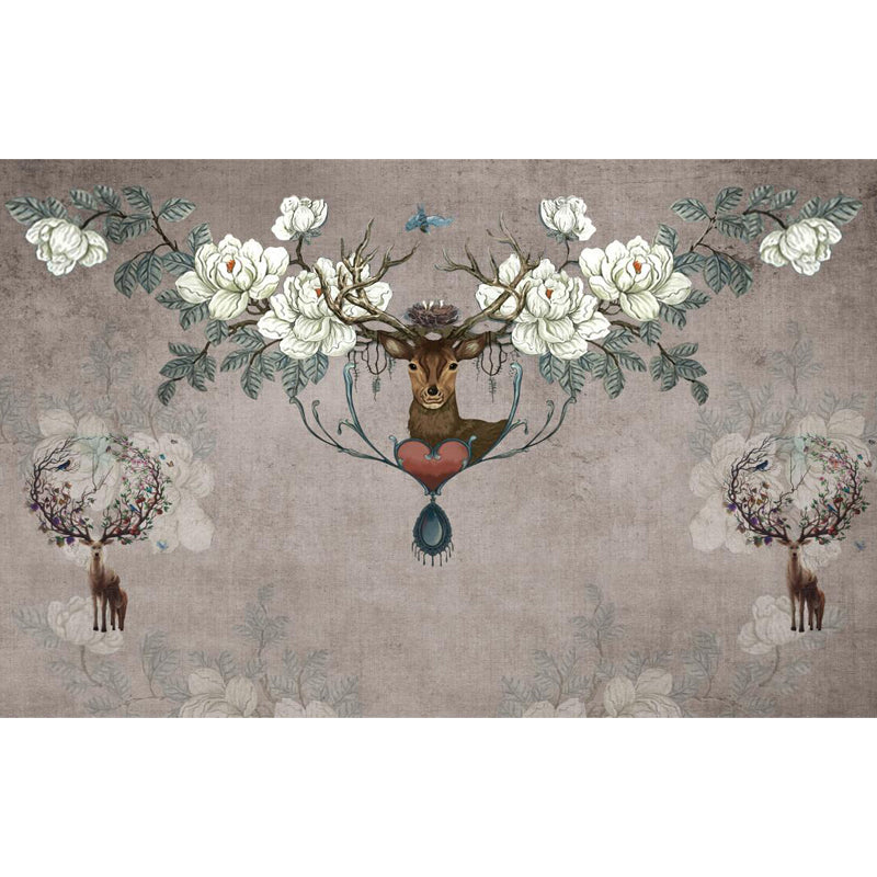 Deer with Flower Antler Mural Wallpaper Grey Modernist Wall Decor for Girls Room