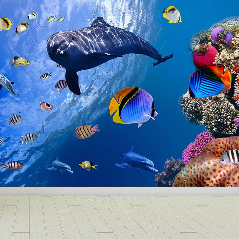 Tropical Ocean Animals Wall Mural Blue Water-Proof Wall Decor for House Interior