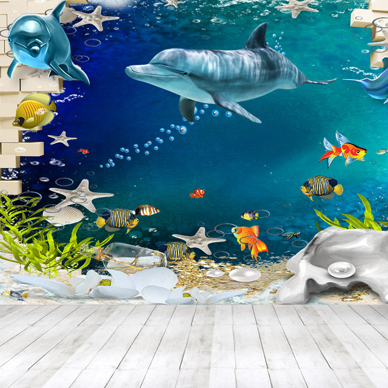 Tropical Ocean Animals Wall Mural Blue Water-Proof Wall Decor for House Interior