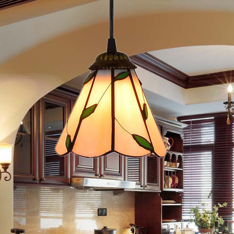 6.5"/12"/16" W Tiffany-Style Cone Pendulum Light 1 Head Handcrafted Art Glass Suspension Lamp in Beige