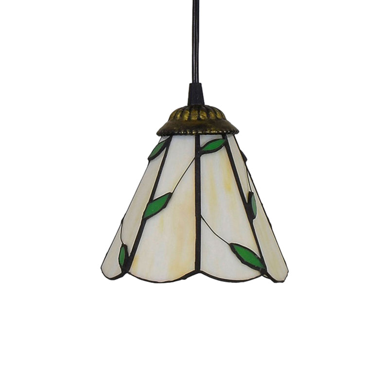 6.5"/12"/16" W Tiffany-Style Cone Pendulum Light 1 Head Handcrafted Art Glass Suspension Lamp in Beige