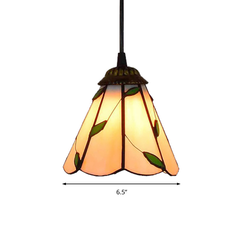 6.5"/12"/16" W Tiffany-Style Cone Pendulum Light 1 Head Handcrafted Art Glass Suspension Lamp in Beige