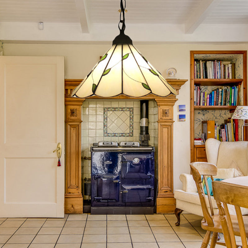 6.5"/12"/16" W Tiffany-Style Cone Pendulum Light 1 Head Handcrafted Art Glass Suspension Lamp in Beige