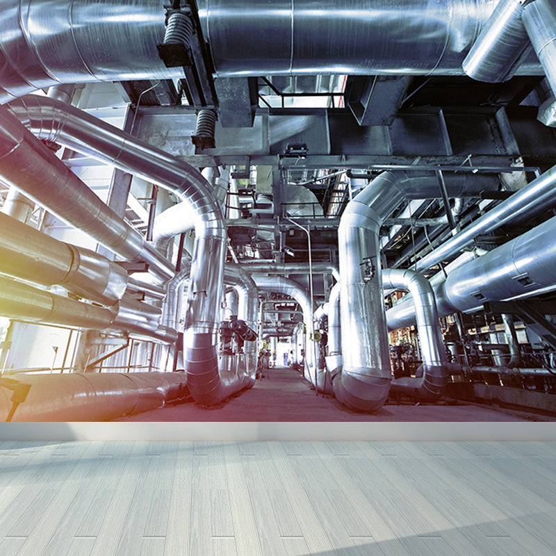 Gray Industrial Mural Decal Huge Machinery Scenery Wall Covering for Living Room