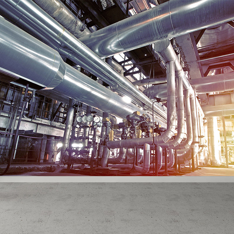 Gray Industrial Mural Decal Huge Machinery Scenery Wall Covering for Living Room