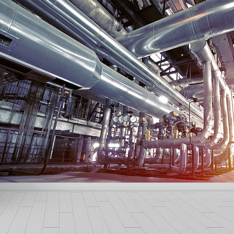 Gray Industrial Mural Decal Huge Machinery Scenery Wall Covering for Living Room