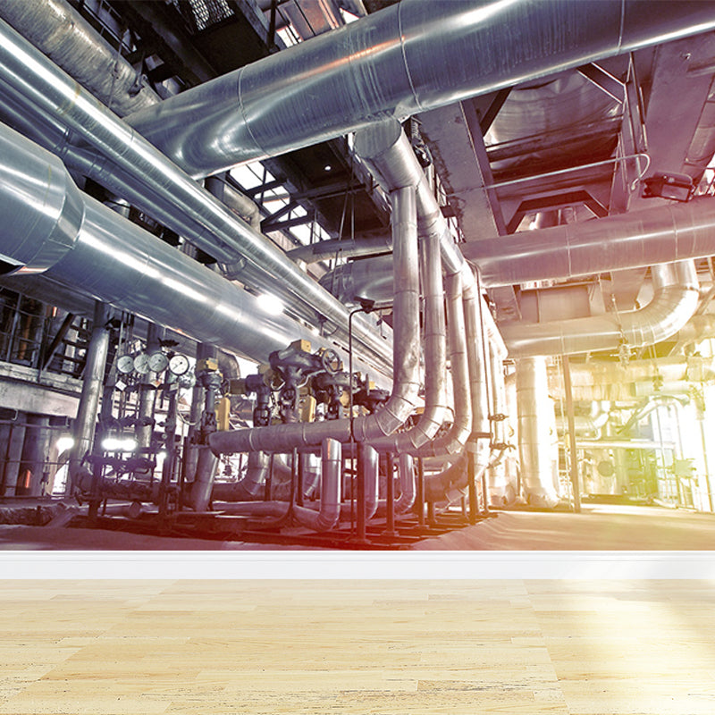 Gray Industrial Mural Decal Huge Machinery Scenery Wall Covering for Living Room