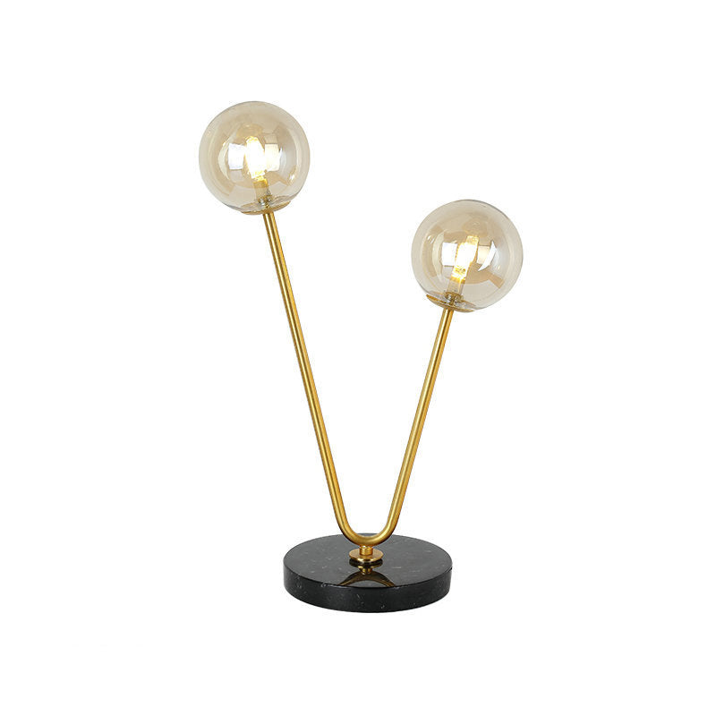 Lampe de table à abat-jour boule en verre moderne, 2 lumières, lampe de table dorée avec base en marbre
