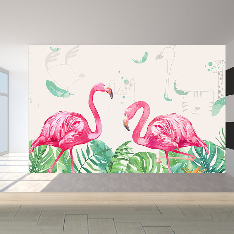 Tropical Flamingo Mural Wallpaper Non-Woven Cloth Washable Pastel Wall Art for Bedroom