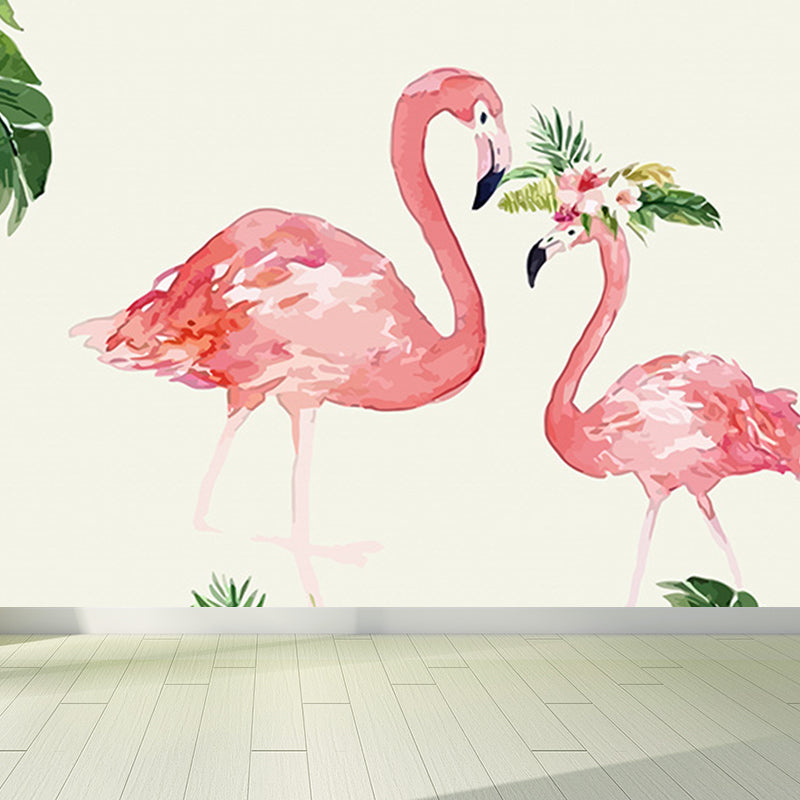 Tropical Flamingo Mural Wallpaper Non-Woven Cloth Washable Pastel Wall Art for Bedroom