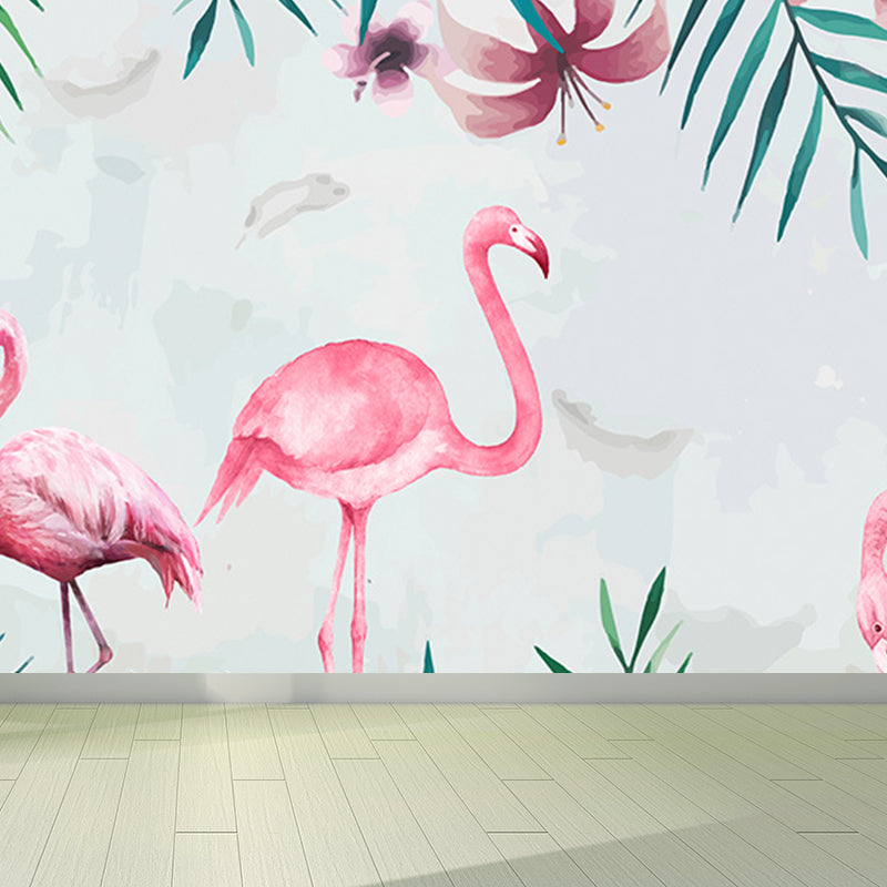 Tropical Flamingo Mural Wallpaper Non-Woven Cloth Washable Pastel Wall Art for Bedroom