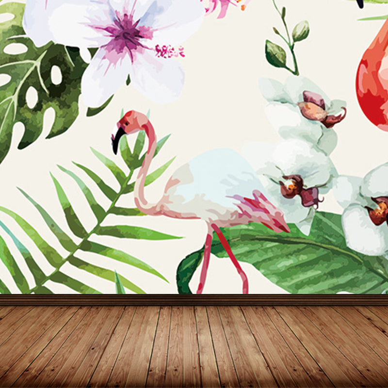 Tropical Botanics Flamingo Mural Decal for Girls Room Custom Wall Covering in Soft Color