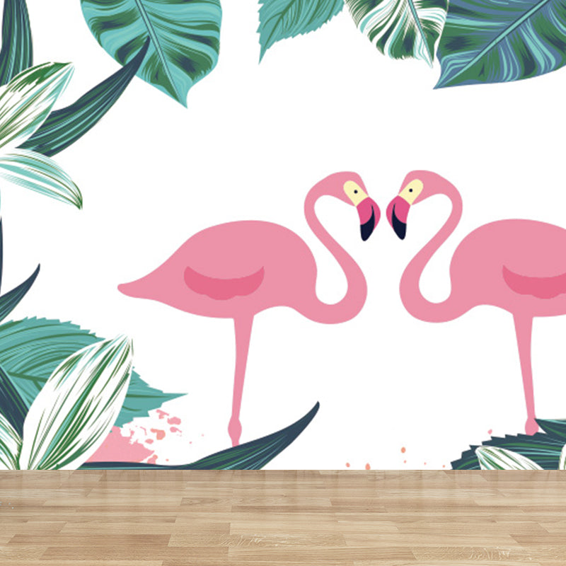 Tropical Botanics Flamingo Mural Decal for Girls Room Custom Wall Covering in Soft Color